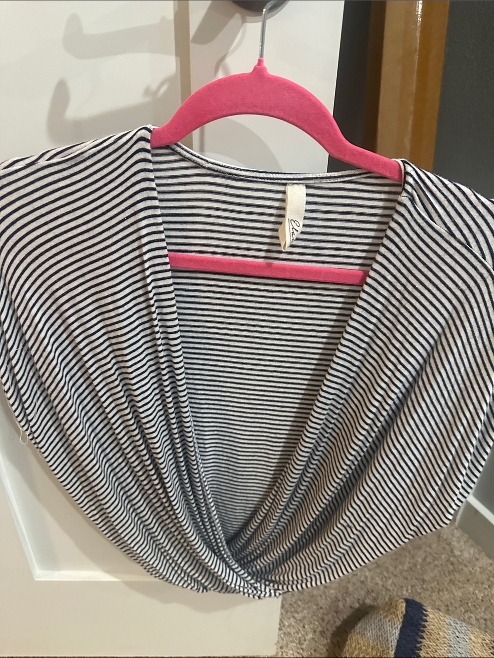 Elan Navy and White Striped Tee with Pink Trim